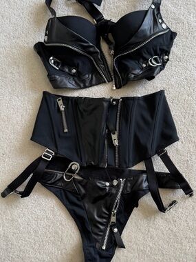 Honey Birdette Black Zipper & Hardware Leather-Detail Lingerie Set 32A/XS/XS